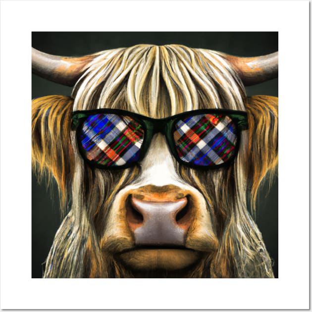 Cute Fluffy Highland Cow Wearing Sunglasses Reflecting Plaid Wall Art by GregFromThePeg